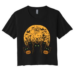 Black Cats Full Moon Halloween Animal Pet Women Women's Crop Top Tee