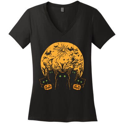 Black Cats Full Moon Halloween Animal Pet Women Women's V-Neck T-Shirt