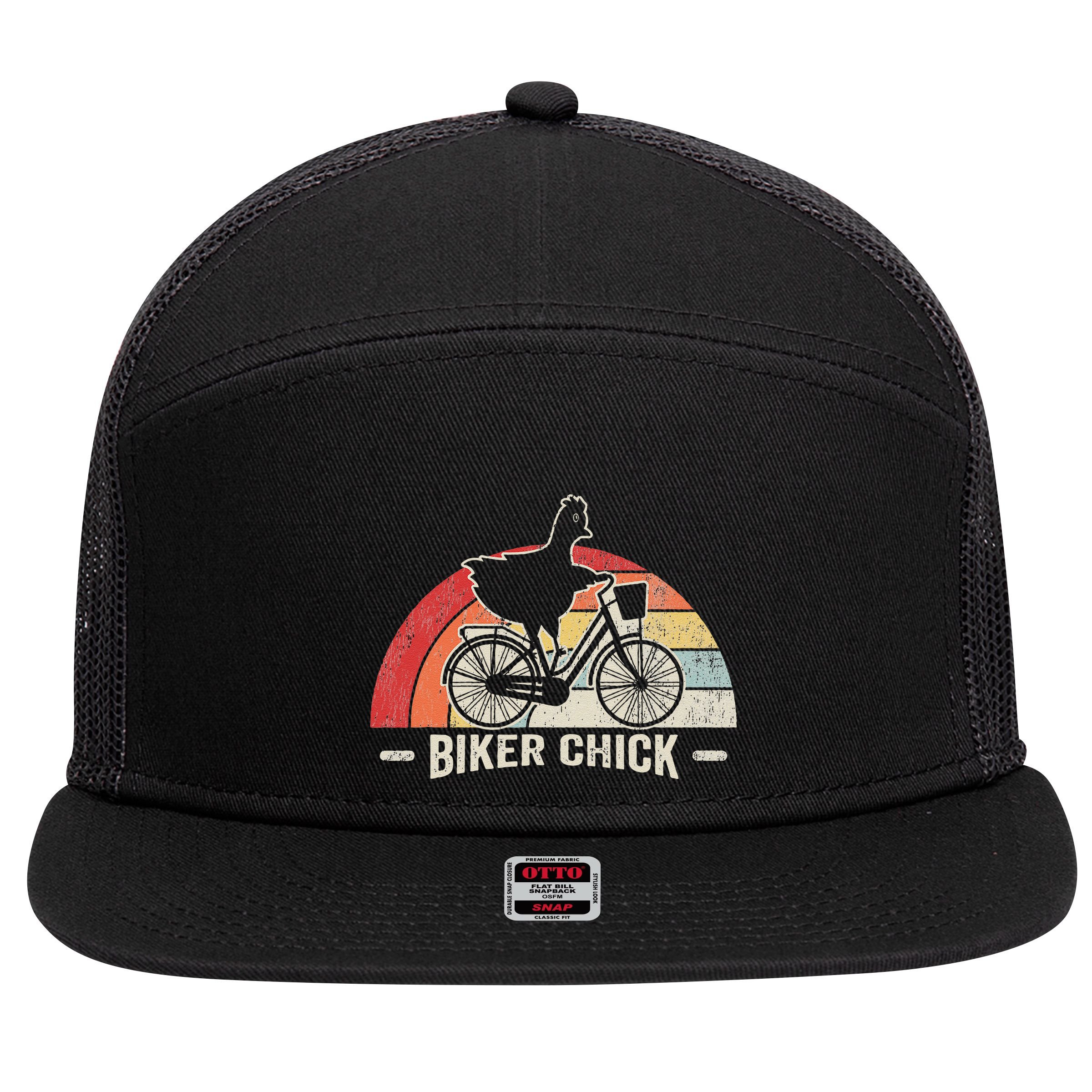 Biker Chick Funny Chicken Bicycle Art 7 Panel Mesh Trucker Snapback Hat