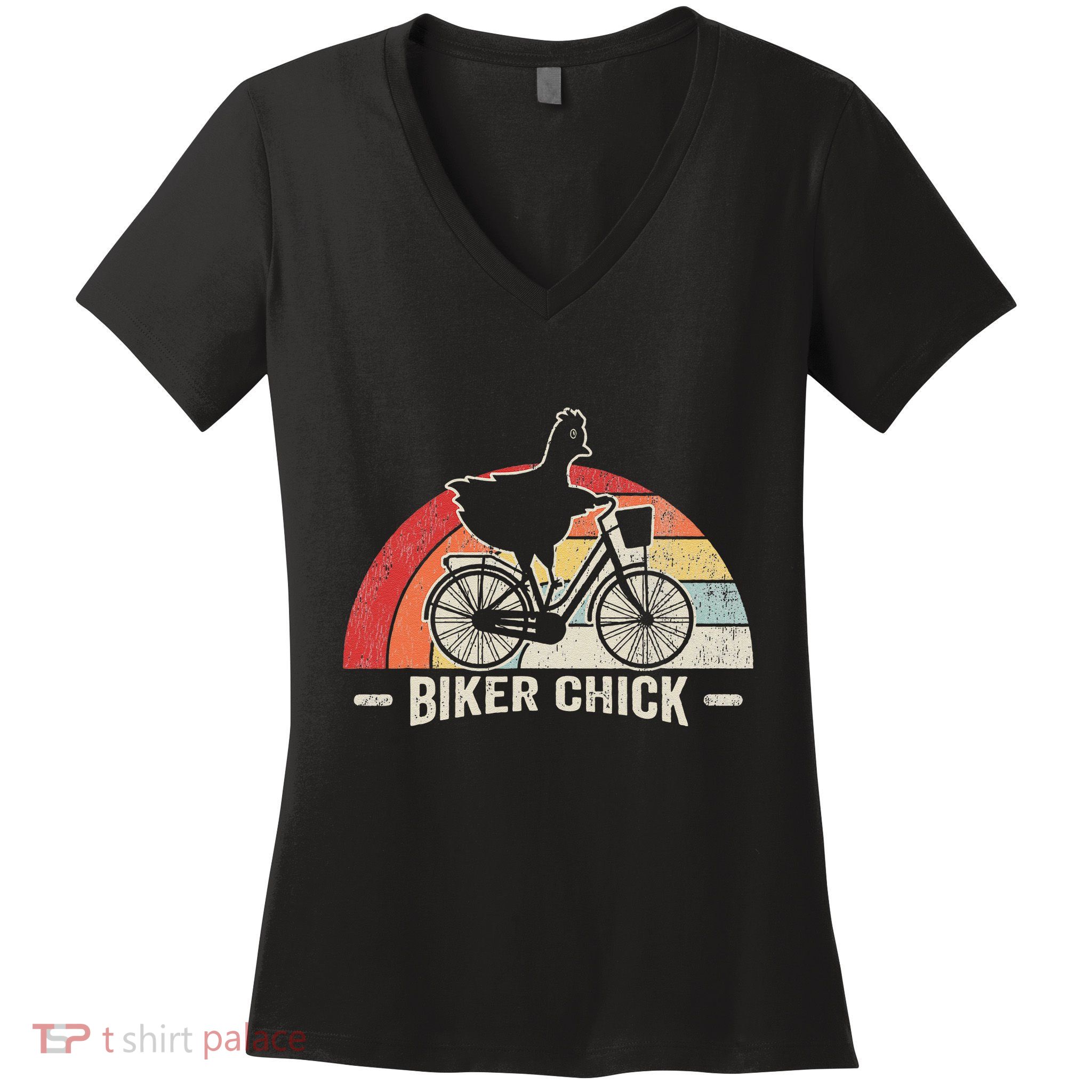Biker Chick Funny Chicken Bicycle Art Women's V-Neck T-Shirt