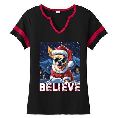 Believe Christmas Gift Chihuahua Santa Claus Gift Ladies Halftime Notch Neck Tee