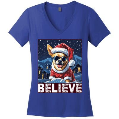 Believe Christmas Gift Chihuahua Santa Claus Gift Women's V-Neck T-Shirt