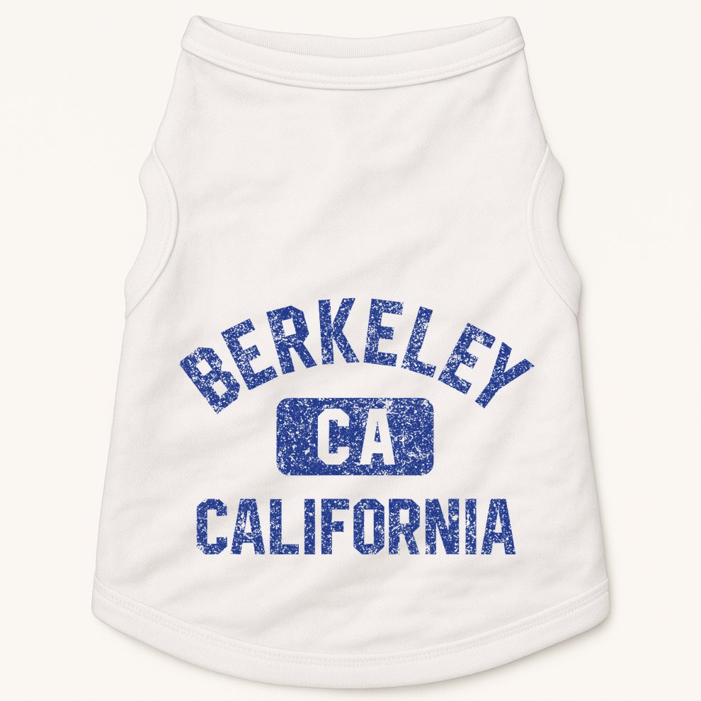 Berkeley California Gym Style Yellow W Distress Blue Print Doggie Tank