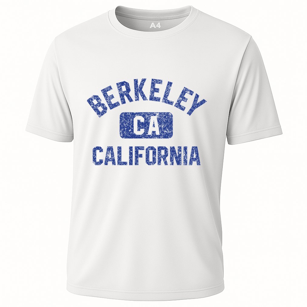 Berkeley California Gym Style Yellow W Distress Blue Print Performance Shirt