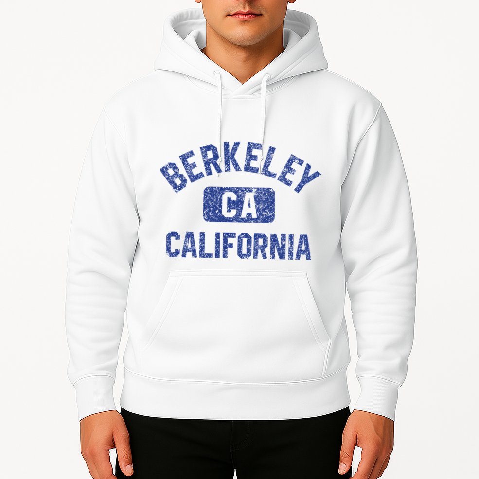 Berkeley California Gym Style Yellow W Distress Blue Print Hoodie