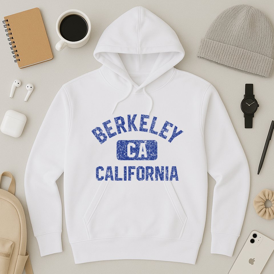 Berkeley California Gym Style Yellow W Distress Blue Print Hoodie