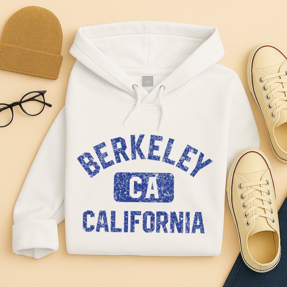 Berkeley California Gym Style Yellow W Distress Blue Print Hoodie