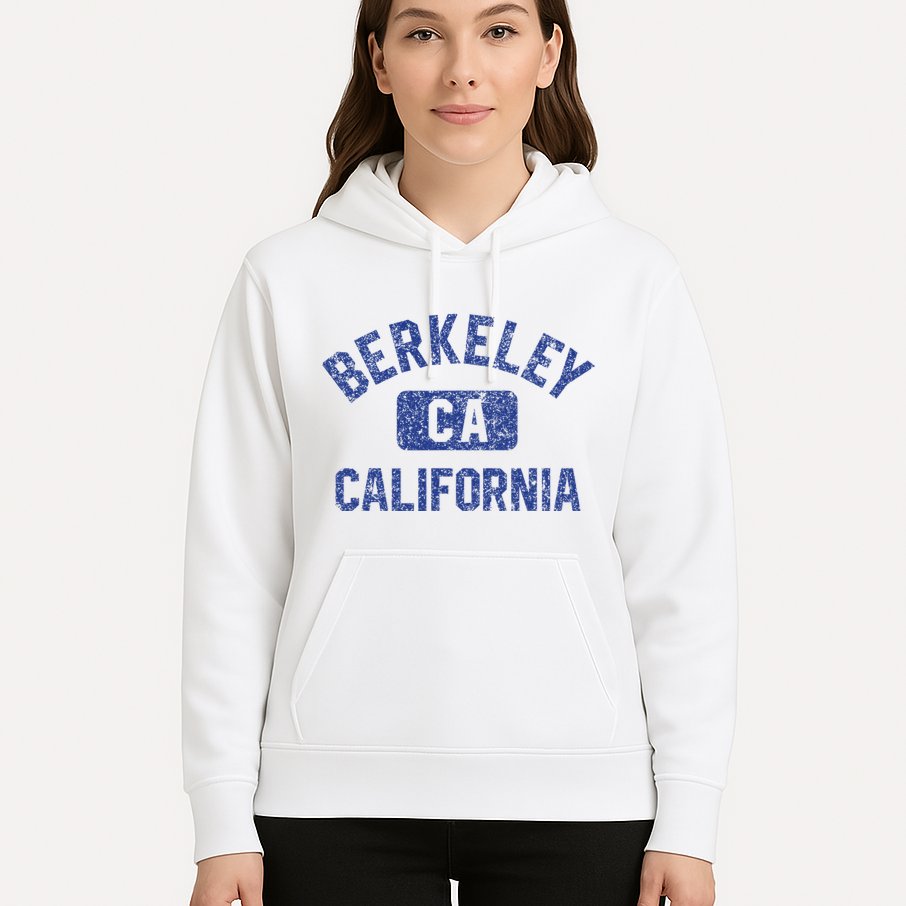 Berkeley California Gym Style Yellow W Distress Blue Print Hoodie