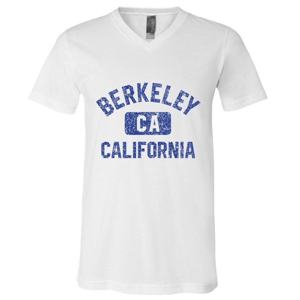 Berkeley California Gym Style Yellow W Distress Blue Print V-Neck T-Shirt
