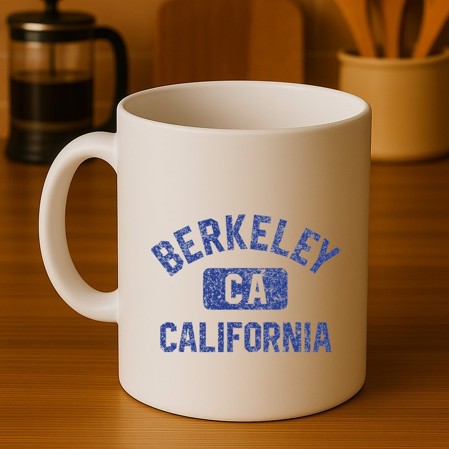 Berkeley California Gym Style Yellow W Distress Blue Print Mug