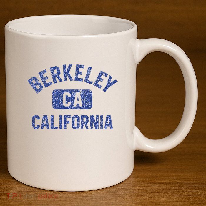 Berkeley California Gym Style Yellow W Distress Blue Print 11oz C Handle Ceramic Mug