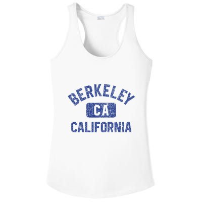 Berkeley California Gym Style Yellow W Distress Blue Print Ladies PosiCharge Competitor Racerback Tank