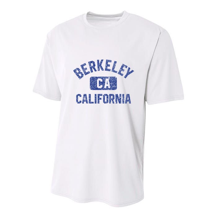 Berkeley California Gym Style Yellow W Distress Blue Print Youth Performance Sprint T-Shirt