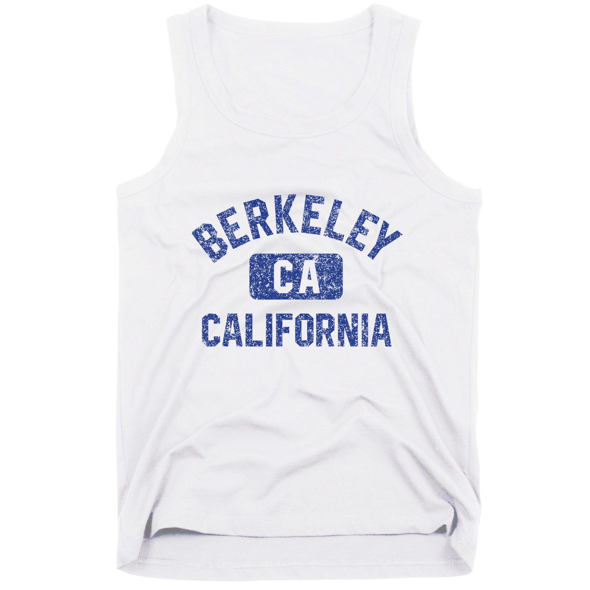 Berkeley California Gym Style Yellow W Distress Blue Print Tank Top