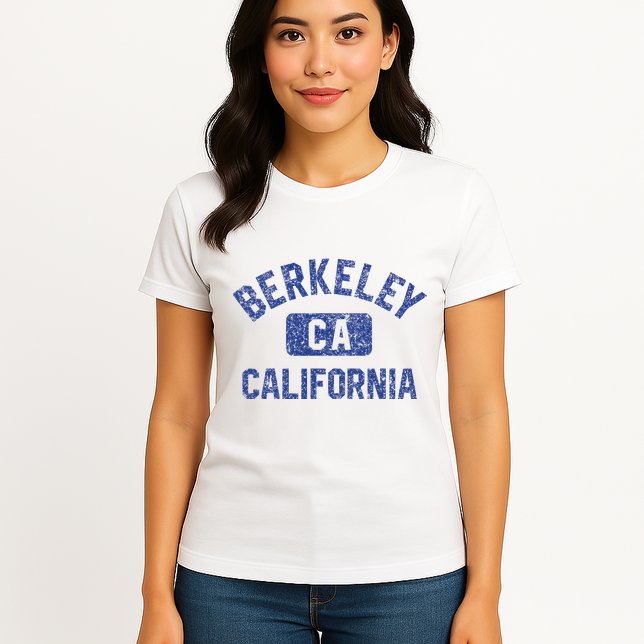 Berkeley California Gym Style Yellow W Distress Blue Print Womens T-Shirt