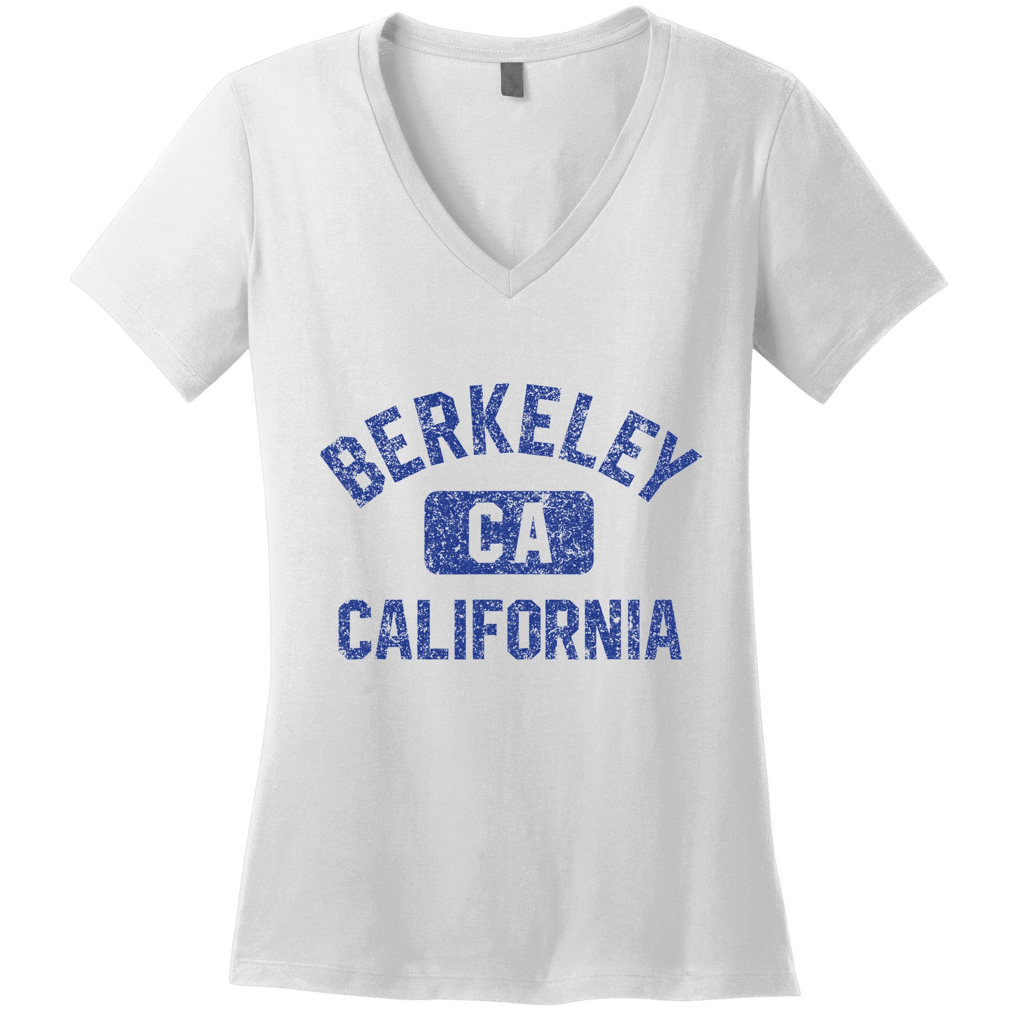 Berkeley California Gym Style Yellow W Distress Blue Print Women's V-Neck T-Shirt