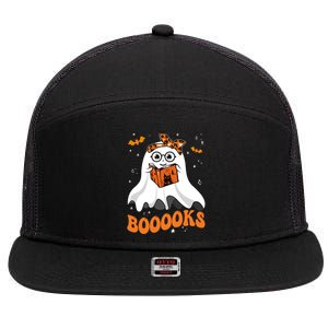 Booooks Cute Ghost Reading Library Books Halloween Teacher Gift 7 Panel Mesh Trucker Snapback Hat