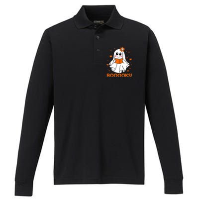 Booooks Cute Ghost Boo Reading Library Books Halloween Funny Gift Performance Long Sleeve Polo