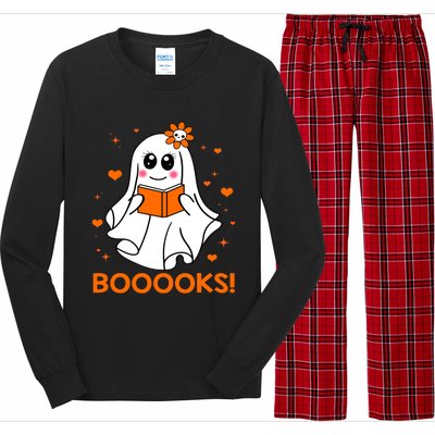 Booooks Cute Ghost Boo Reading Library Books Halloween Funny Gift Long Sleeve Pajama Set