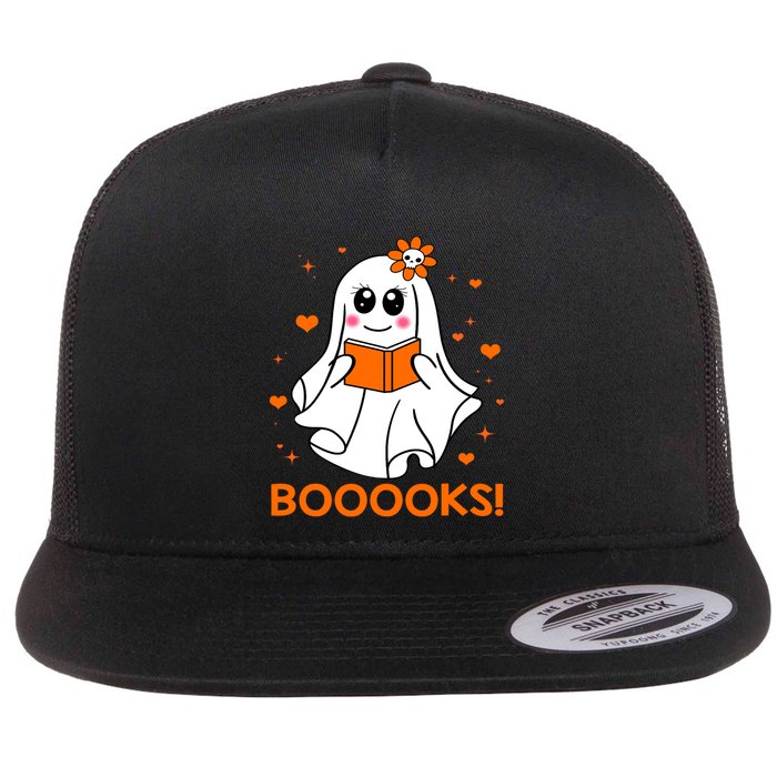 Booooks Cute Ghost Boo Reading Library Books Halloween Funny Gift Flat Bill Trucker Hat
