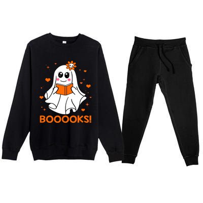 Booooks Cute Ghost Boo Reading Library Books Halloween Funny Gift Premium Crewneck Sweatsuit Set