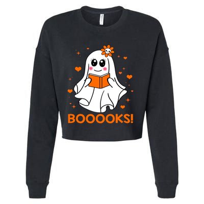 Booooks Cute Ghost Boo Reading Library Books Halloween Funny Gift Cropped Pullover Crew