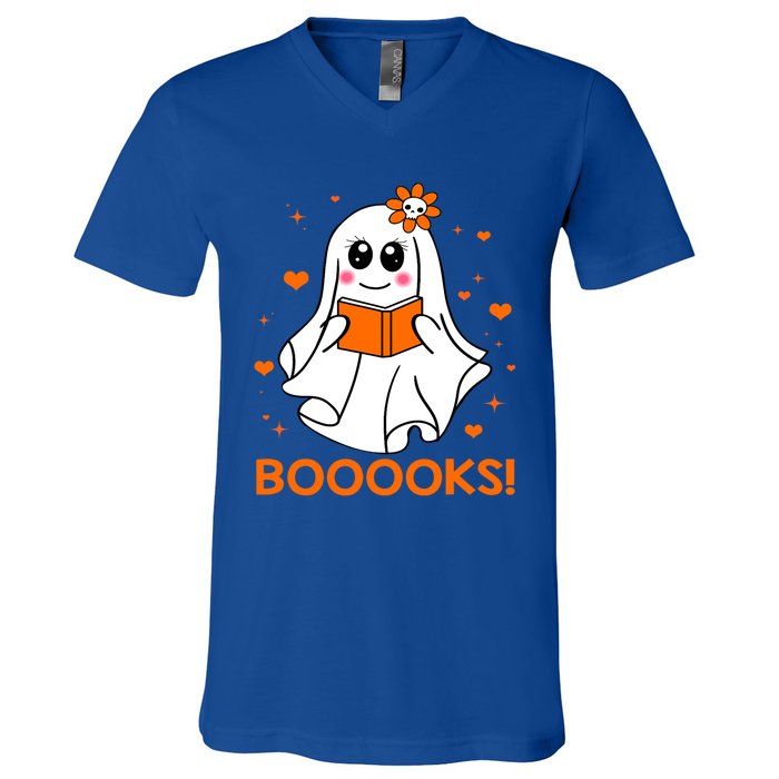 Booooks Cute Ghost Boo Reading Library Books Halloween Funny Gift V-Neck T-Shirt