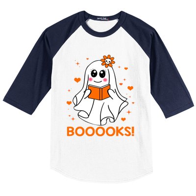 Booooks Cute Ghost Boo Reading Library Books Halloween Funny Gift Baseball Sleeve Shirt