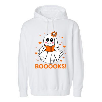 Booooks Cute Ghost Boo Reading Library Books Halloween Funny Gift Garment-Dyed Fleece Hoodie