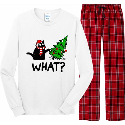 Black Cat Gift Pushing Christmas Tree Over Cat What Long Sleeve Pajama Set