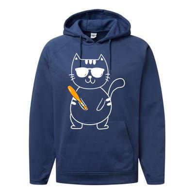 Baseball Cat Gift Funny Baseball Player Baseballer Gift Performance Fleece Hoodie