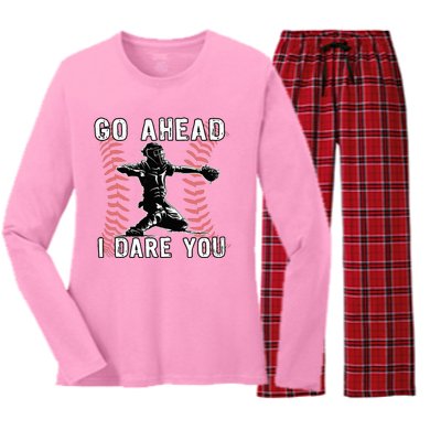 Baseball Catcher Go Ahead I Dare You Women's Long Sleeve Flannel Pajama Set 