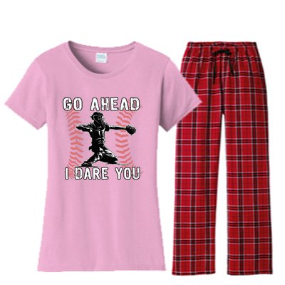 Baseball Catcher Go Ahead I Dare You Women's Flannel Pajama Set