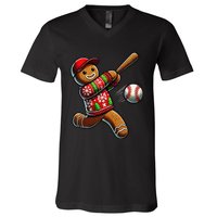 Baseball Christmas Gingerbread Man Baseball Ugly Christmas Gift V-Neck T-Shirt