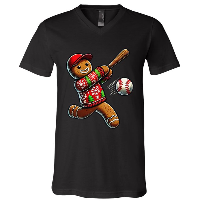 Baseball Christmas Gingerbread Man Baseball Ugly Christmas Gift V-Neck T-Shirt