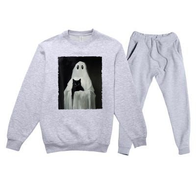 Black Cat Ghost Halloween Spooky Season Costume Gift Premium Crewneck Sweatsuit Set