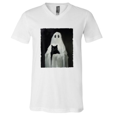 Black Cat Ghost Halloween Spooky Season Costume Gift V-Neck T-Shirt