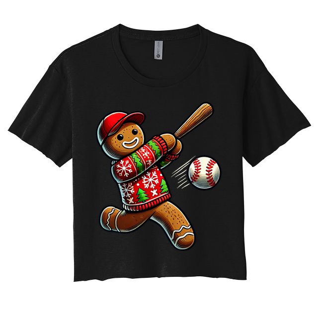 Baseball Christmas Gingerbread Man Baseball Ugly Christmas Women's Crop Top Tee