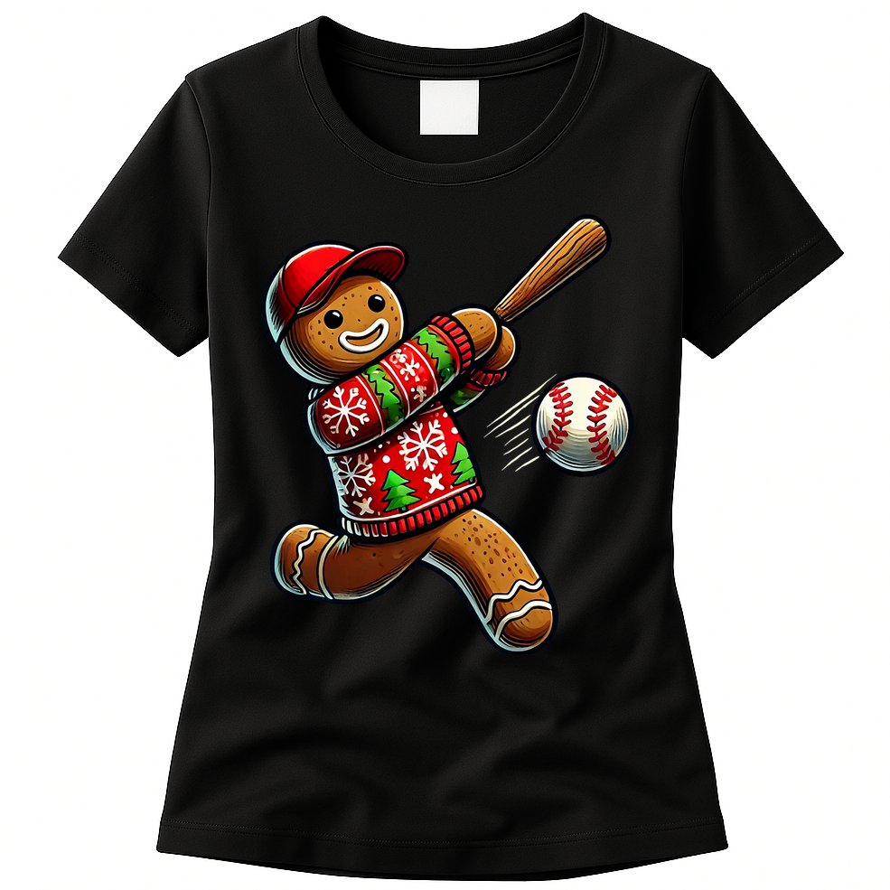 Baseball Christmas Gingerbread Man Baseball Ugly Christmas Womens T-Shirt
