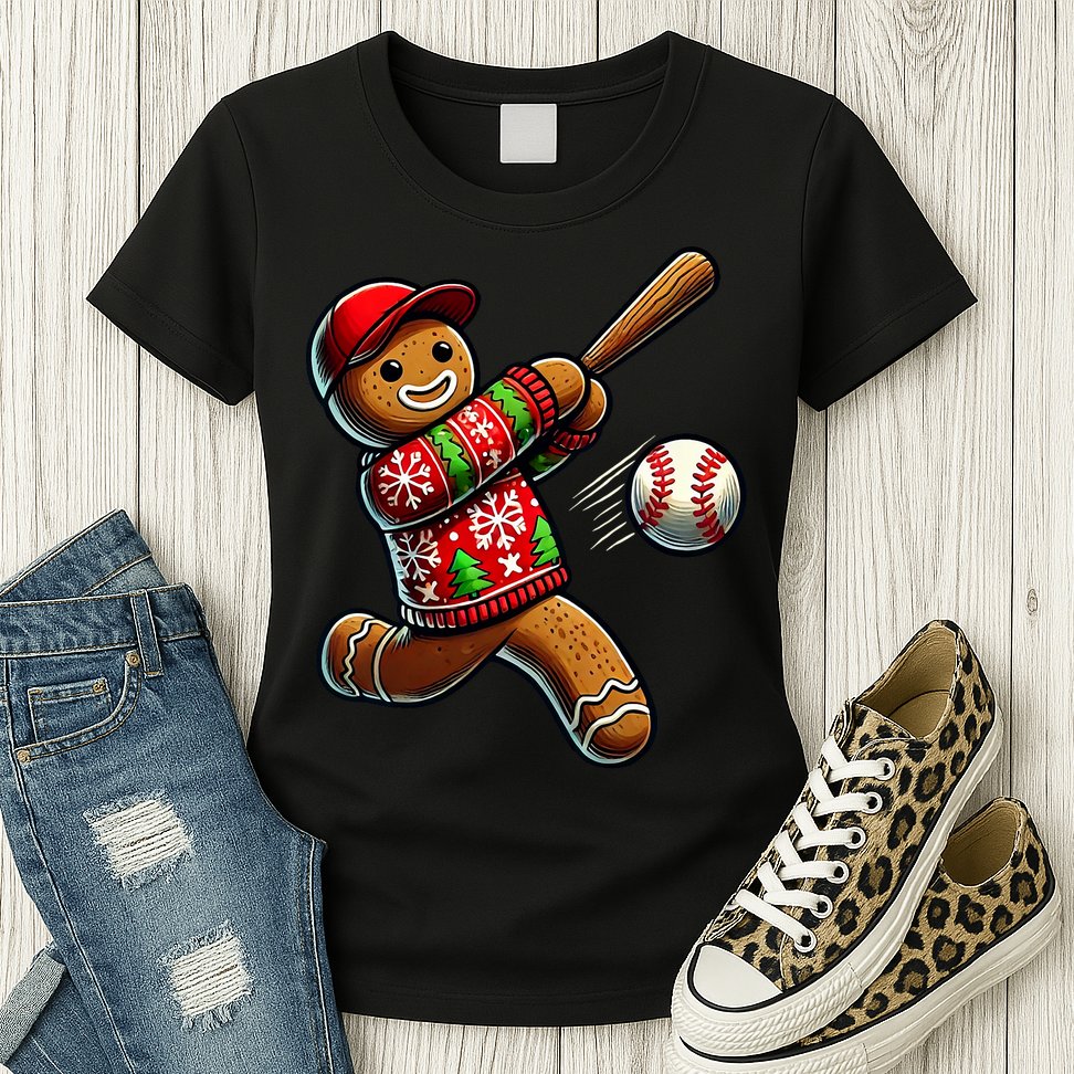 Baseball Christmas Gingerbread Man Baseball Ugly Christmas Womens T-Shirt