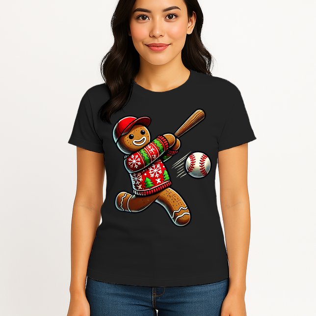 Baseball Christmas Gingerbread Man Baseball Ugly Christmas Womens T-Shirt