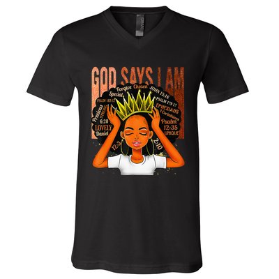 Black  Crown God Says I Am Black Melanin History Month V-Neck T-Shirt