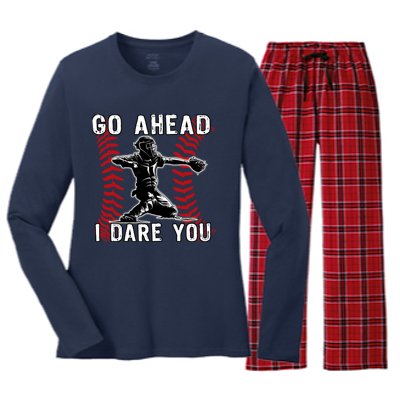 Baseball Catcher Go Ahead I Dare You Women's Long Sleeve Flannel Pajama Set 