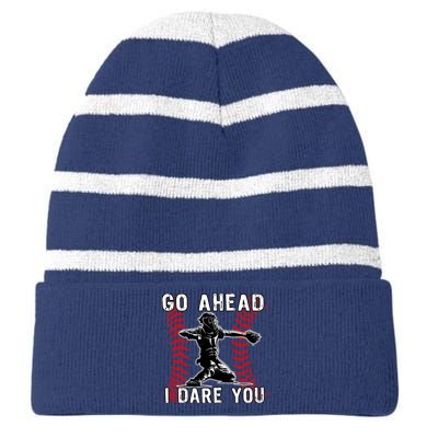 Baseball Catcher Go Ahead I Dare You Striped Beanie with Solid Band