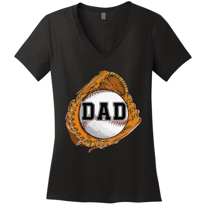 Baseball Catch Glove Baseball Dad Baseball Daddy Fathers Day Women's V-Neck T-Shirt