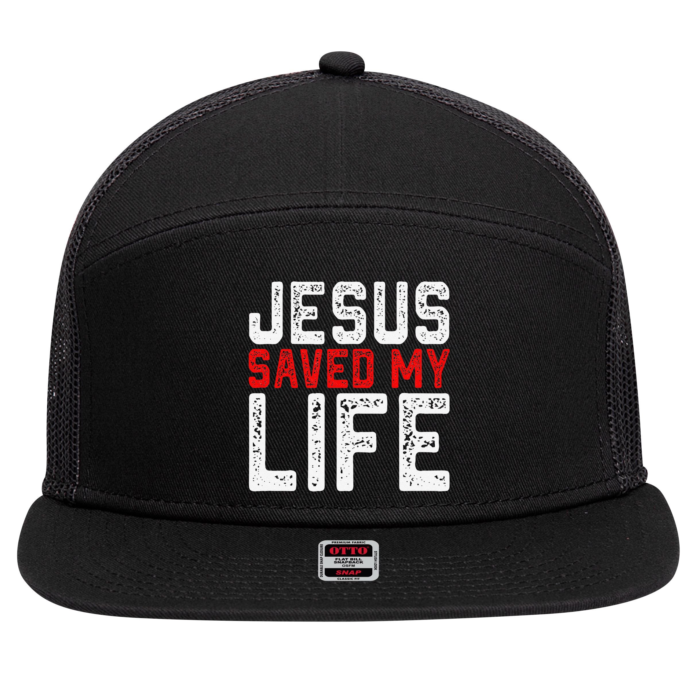 BOLD Christian Gift Jesus Saved My Life 7 Panel Mesh Trucker Snapback Hat