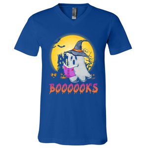 Boooks Cute Ghost Book Reading Halloween Costume Gift V-Neck T-Shirt