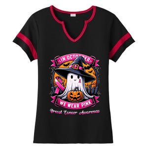 Breast Cancer Halloween In October We Wear Ghost Witch Ladies Halftime Notch Neck Tee