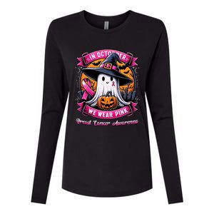 Breast Cancer Halloween In October We Wear Ghost Witch Womens Cotton Relaxed Long Sleeve T-Shirt