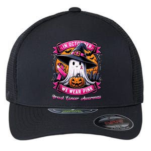 Breast Cancer Halloween In October We Wear Ghost Witch Flexfit Unipanel Trucker Cap